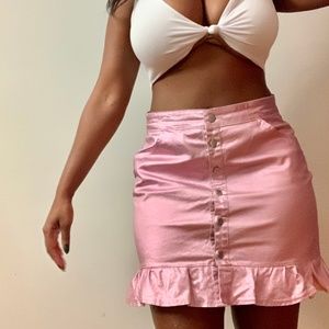 Pink foiled Denim skirt with Frill Hem